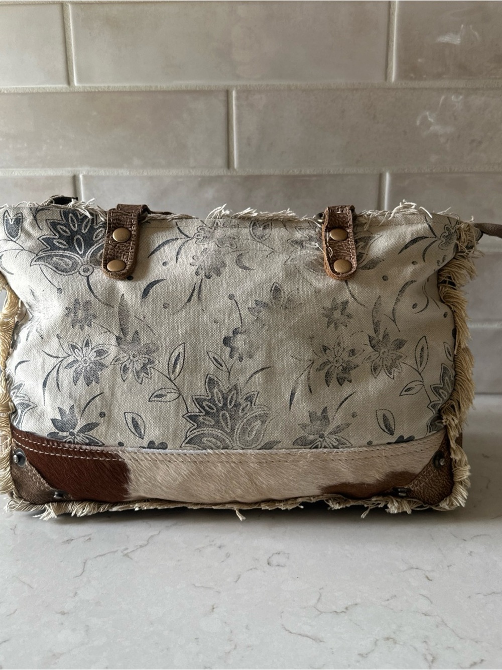 Emerald MYRA Bag Leather Handle Purse Leaf Print and Cowhide Accents